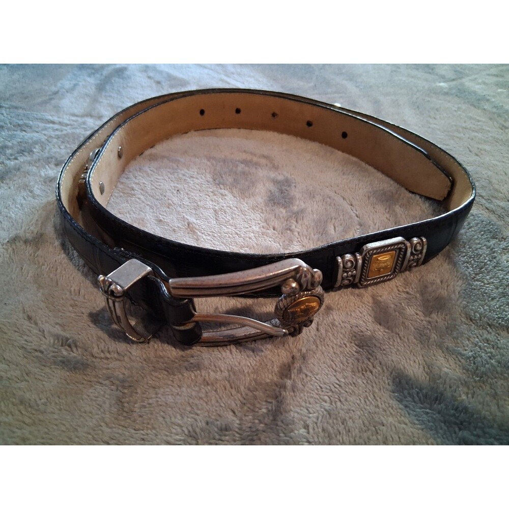 Brighton Museum Belt Large Ladies Black Leather Silver Brass Buckle 39in